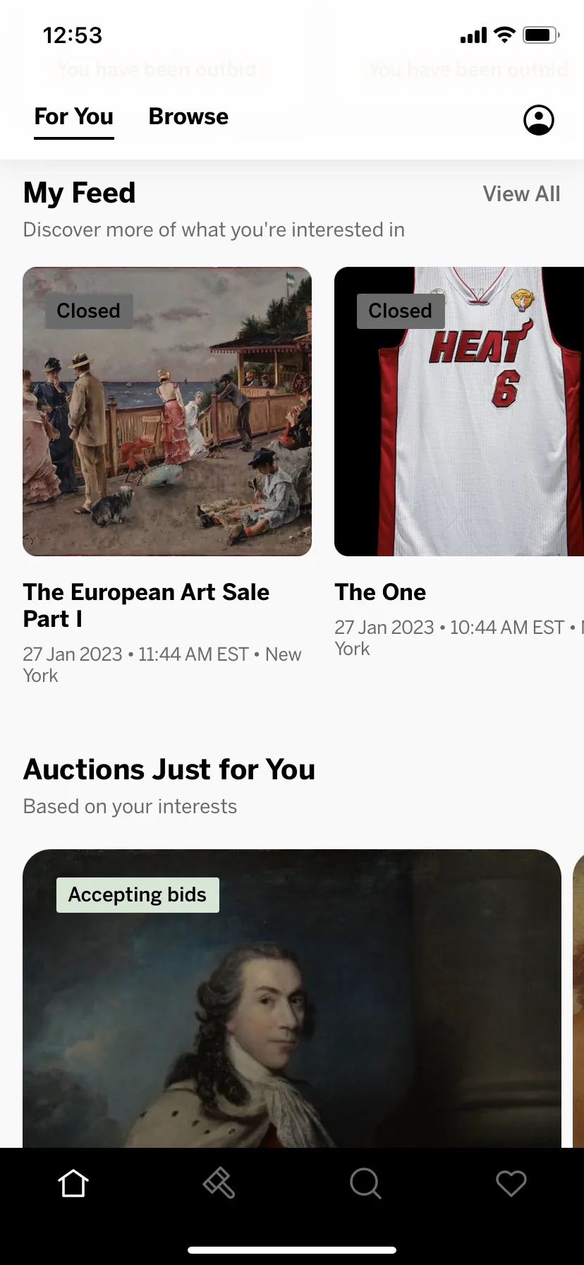 My Feed and Auctions Just for You on the home screen