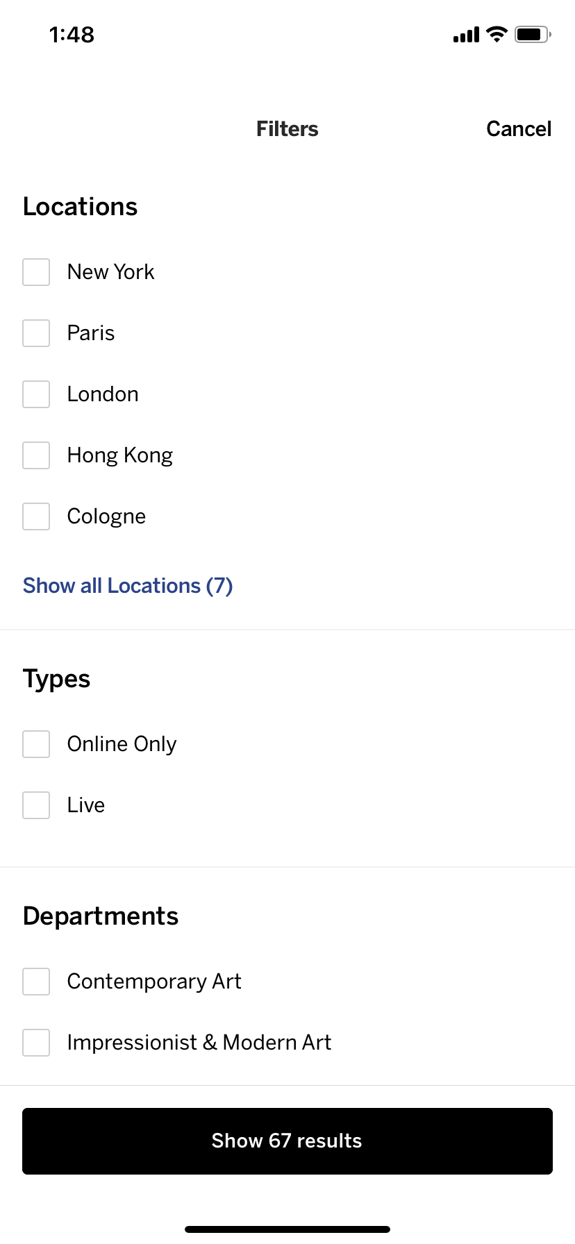 Filtering auctions by location, type and department
