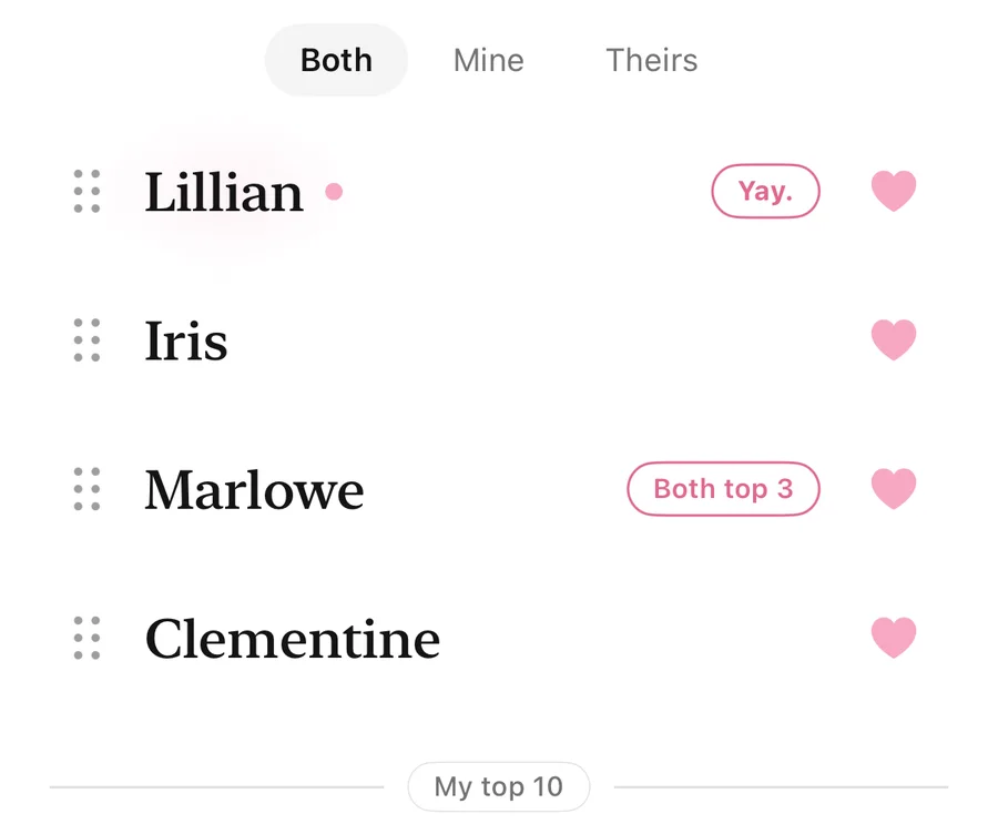 The matches list, with Marlowe marked “Both top 3” above “My top 10”