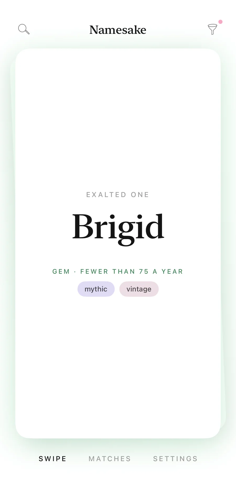 The Namesake app with a rare-gem card for Brigid, marked “Gem · fewer than 75 a year”