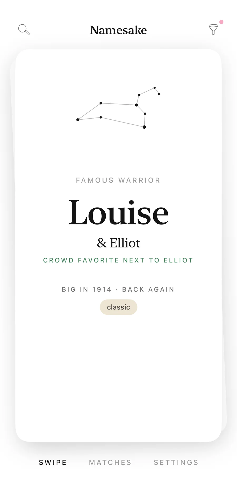 The Namesake app with a star-sign pick: the Louise card with a Leo constellation, marked “Crowd favorite next to Elliot”