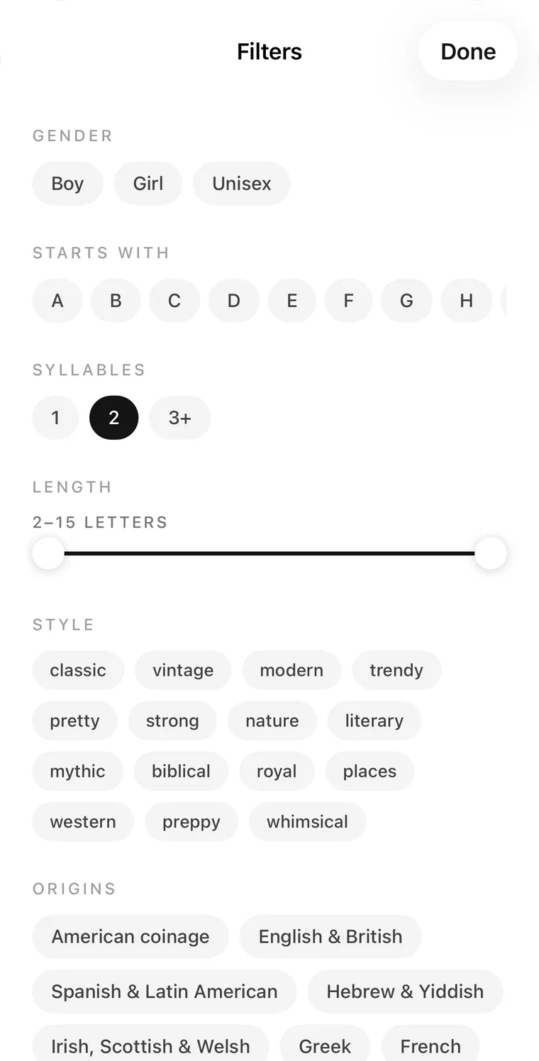 Filters for gender, first letter, syllables, length, style and origin
