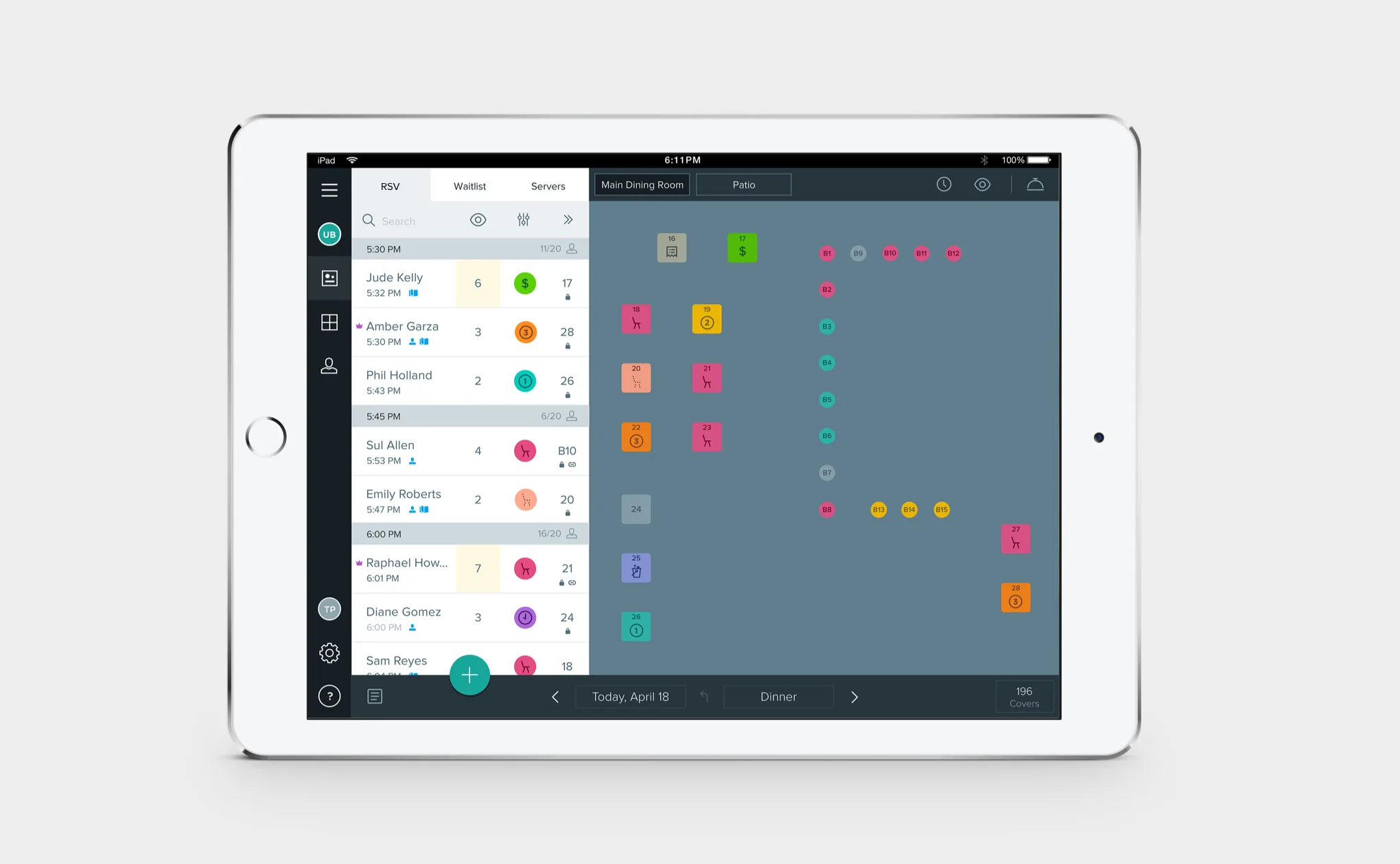 The host’s floor plan in the Reserve iPad app, with each table color-coded
