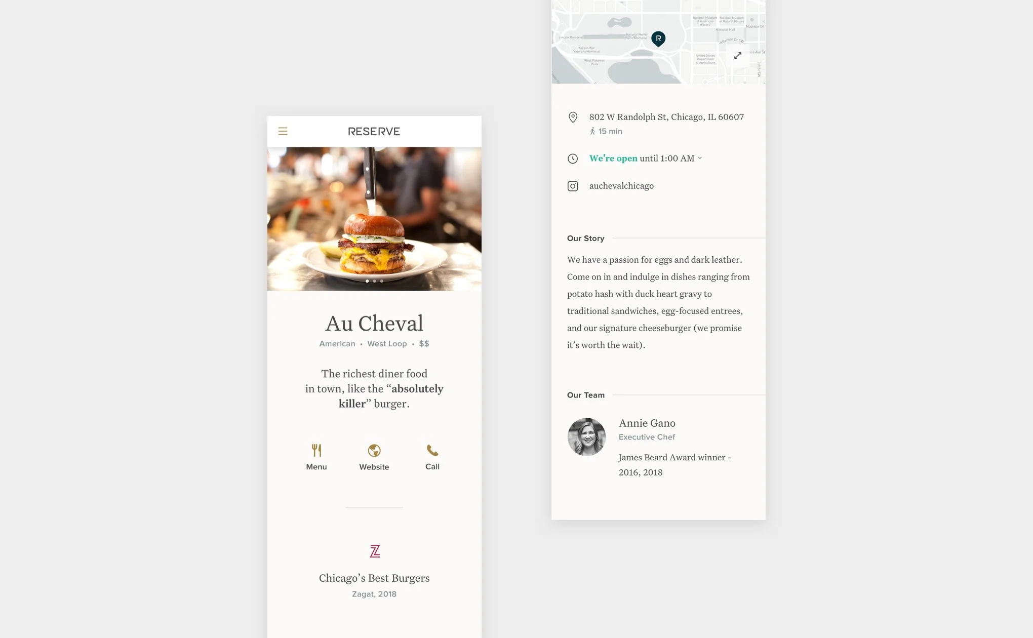 A restaurant page for Au Cheval with photos, an award and the chef’s story