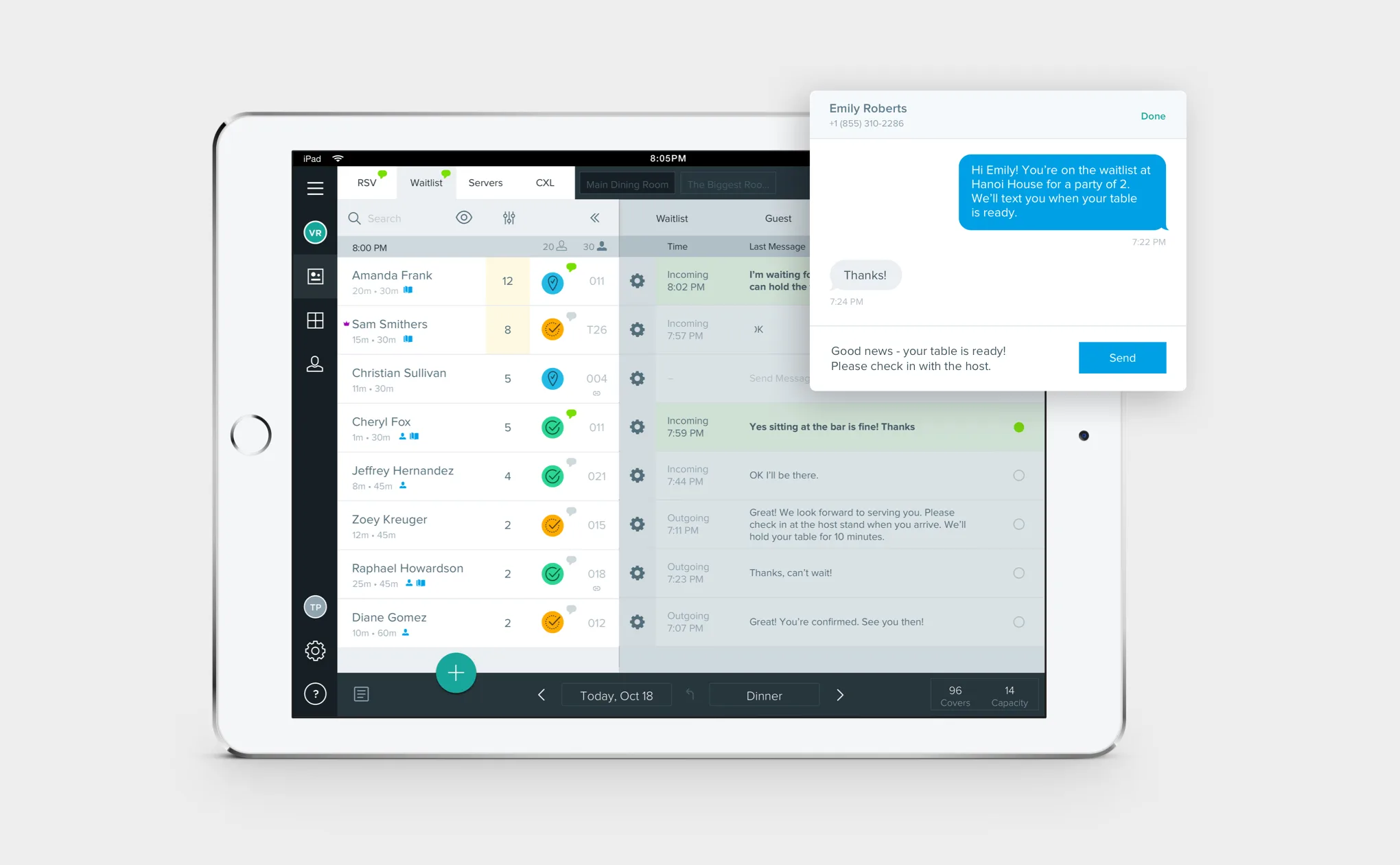 The waitlist in the Reserve iPad app, with a text conversation open