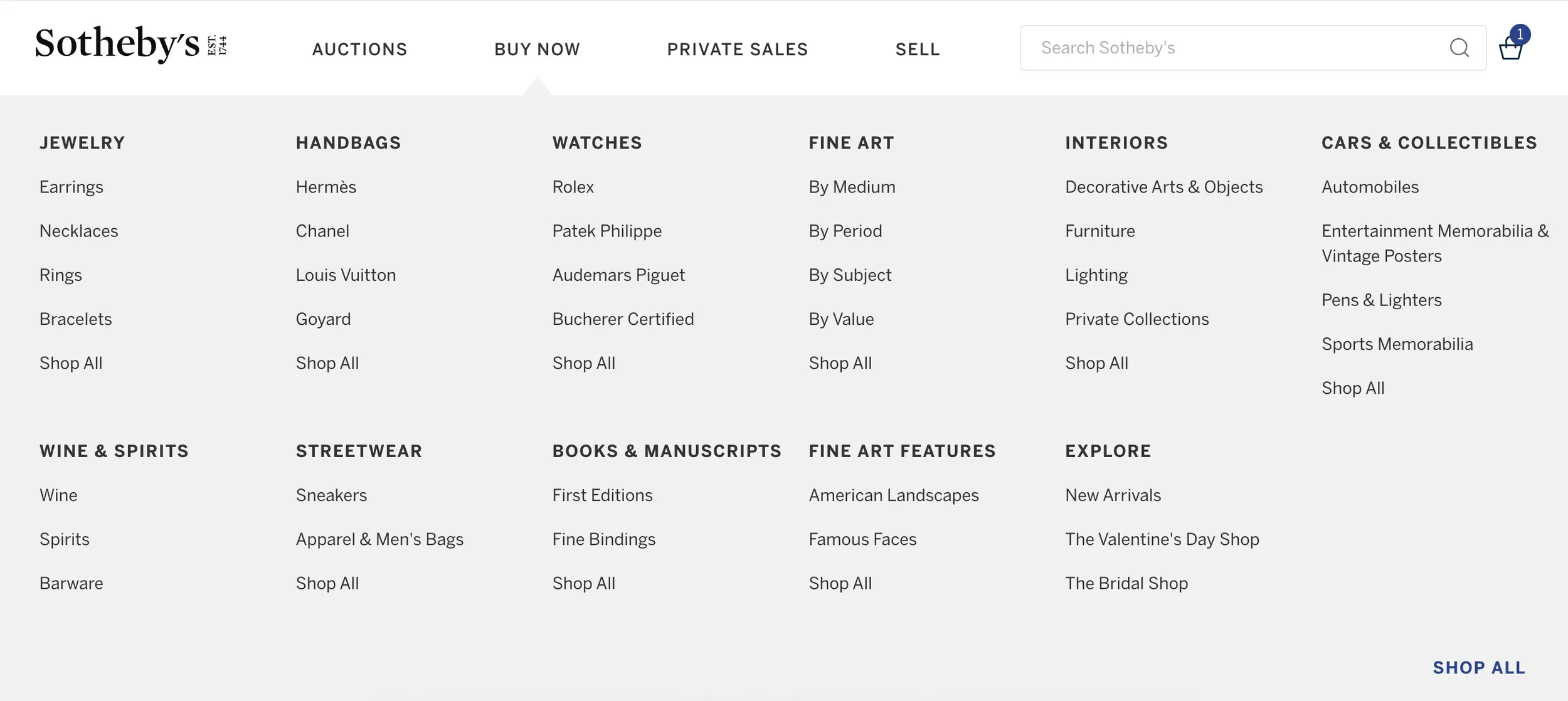 The Buy Now menu: jewelry, handbags, watches, fine art, interiors and more