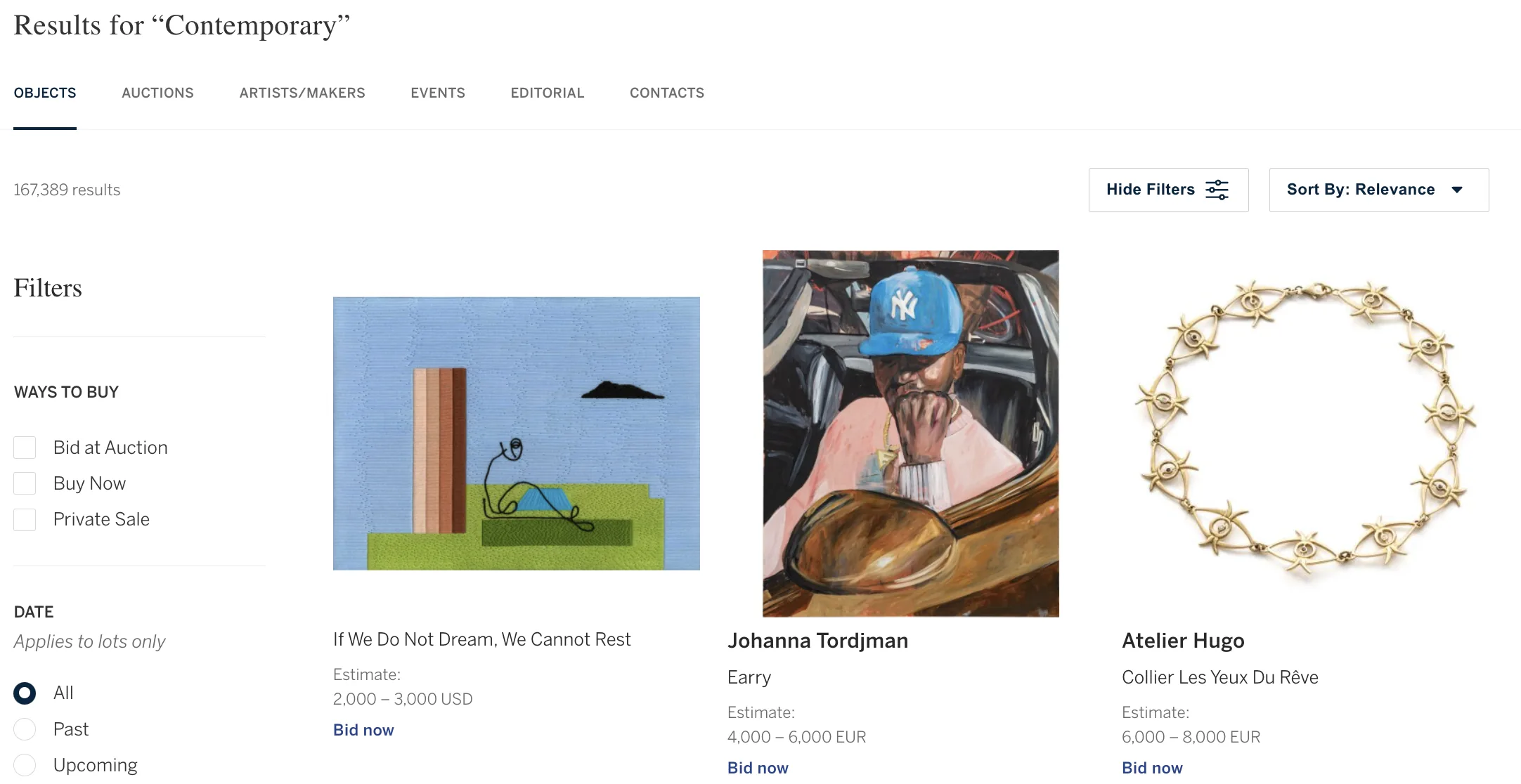 Search results with filters for Bid at Auction, Buy Now and Private Sale