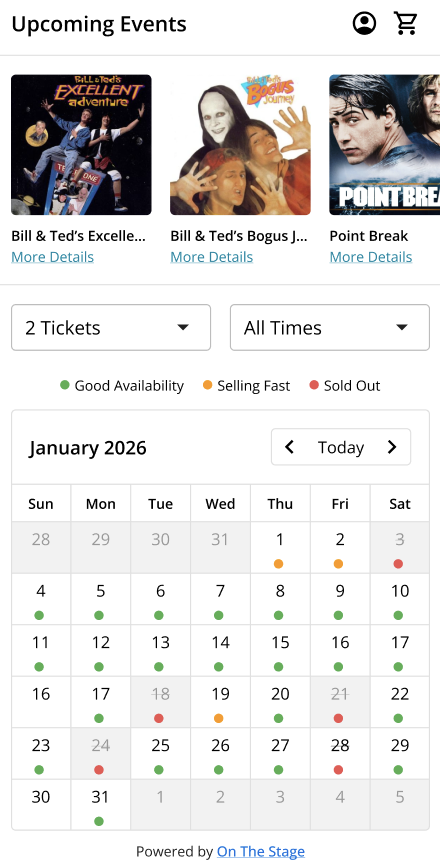 The ticketing widget: upcoming events and a calendar