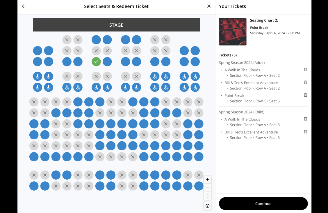 Selecting seats to redeem a subscription